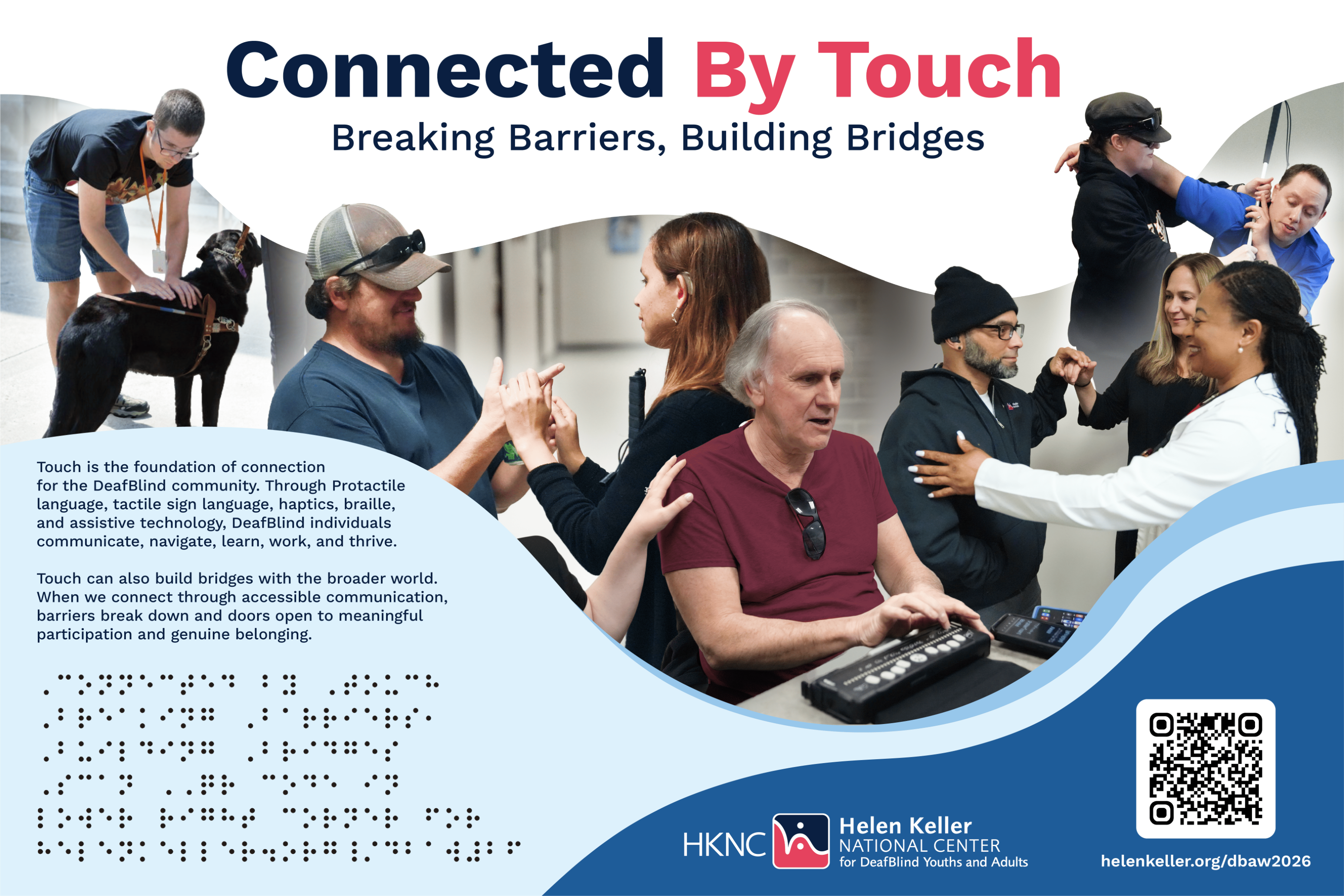 The 2026 DeafBlind Awareness Week poster, “Connected By Touch: Breaking Barriers, Building Bridges." See webpage for visual description.