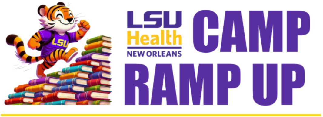 Cartoon tiger wearing LSU tshirts walks up a pile of books.