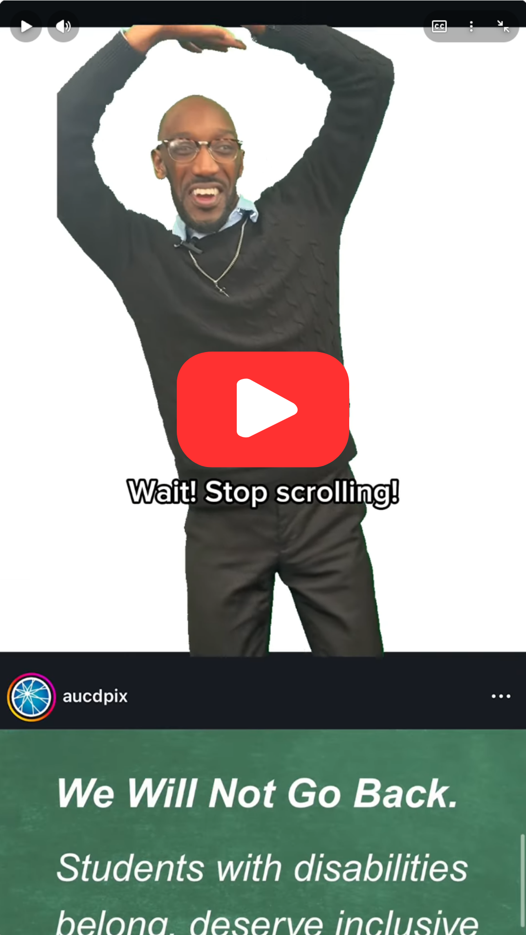 A social media feed with Will featured inbetween posts. He has his hands raised, pushing the top of the screen. Cpaiton reads: "Wait, stop scrolling!"