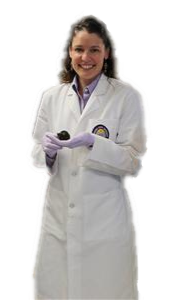 Dr. Jennifer Lentz in lab coat holding mouse