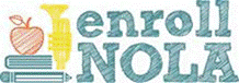 Title: Enroll NOLA - Description: Enroll NOLA logo, featuring pencil, book, apple, and trumpet