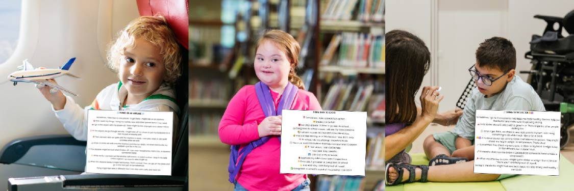 Left: Girl on airplane flying airplane; Center: Girl wearing purple backpack walking in school library; Right: Nurse taking care of boy sitting on floor