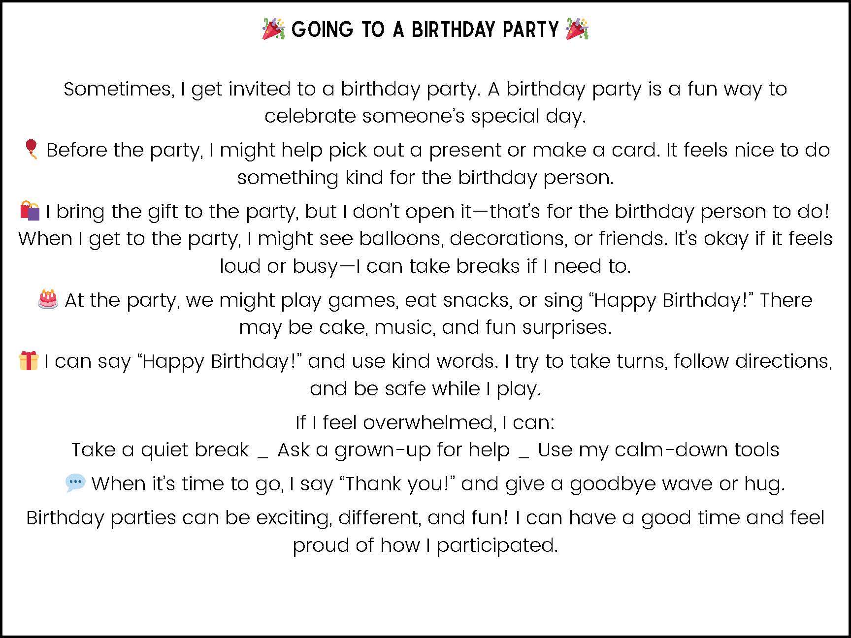 Birthday Party Social Narrative