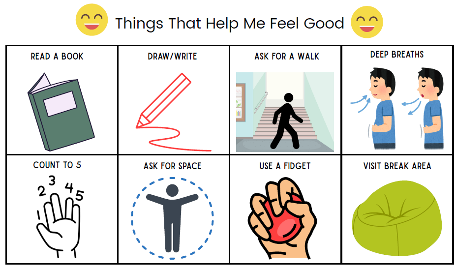 Visual support with title "things that help me feel good" with various options that include images like read a book, draw/write, ask for a walk, deep breaths, count to 5, ask for space, use a fidget, visit break area.