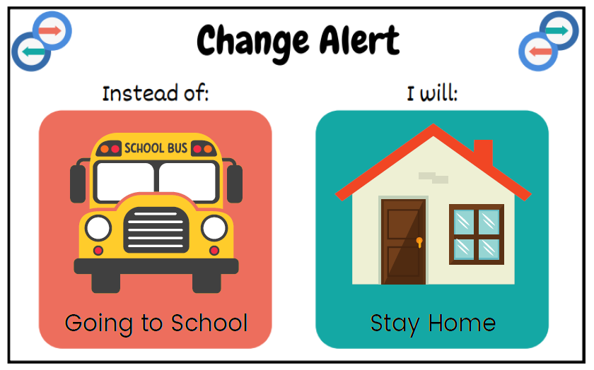 Change Alert Resource showing two boxes. The first box says "Instead Of going to school" with an image of a school bus. The other box says "I will Stay Home" with an image of a house.