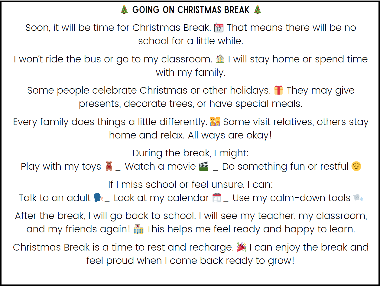 Document featuring a social narrative titled "Going on Christmas Break" with sentences and emojis. 