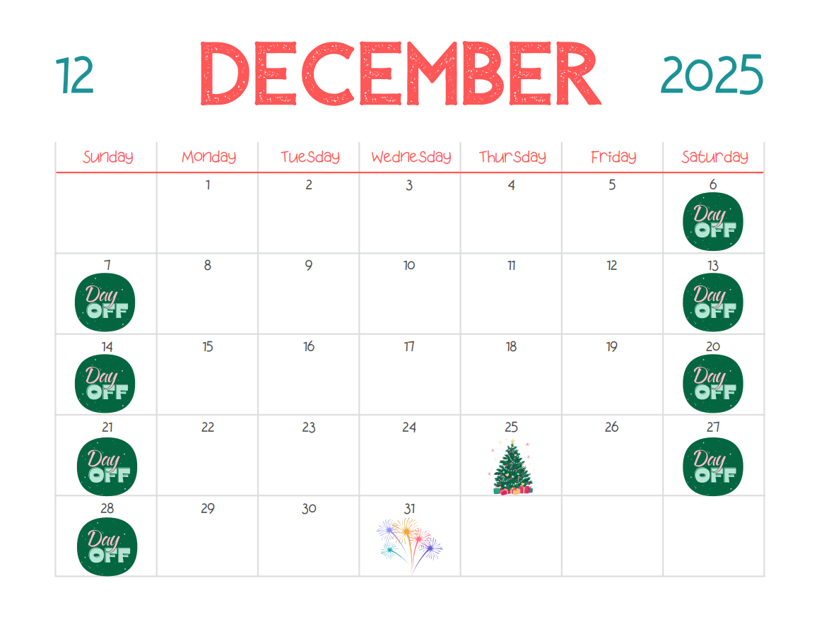 Blank Calendar for Decmber showing days when the student is off school. 