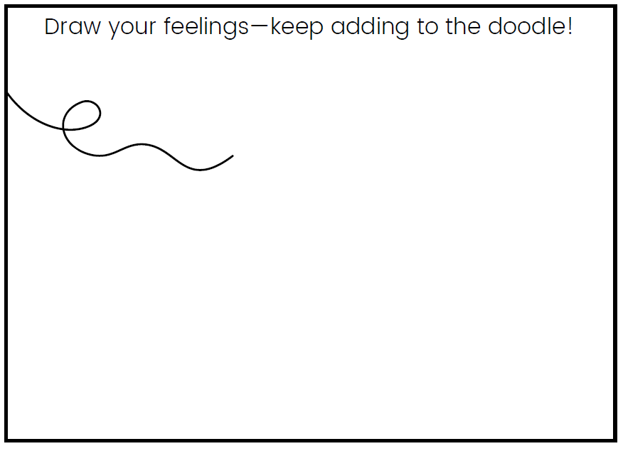 Colowirng sheet with a squiggly doodle line and text that reads "Draw your feelings - keep adding to the doodle"