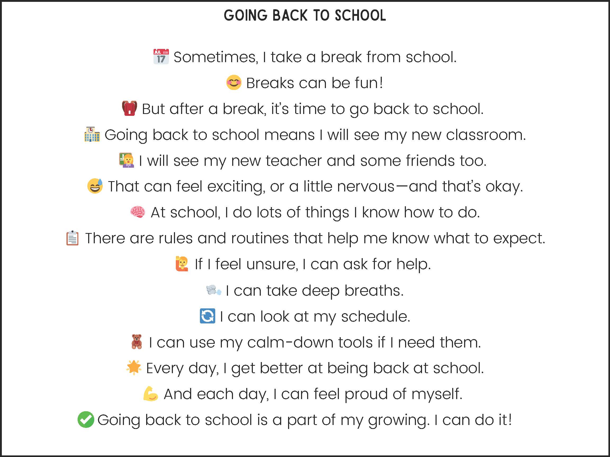 Social narrative showing how to ease children in going back to school