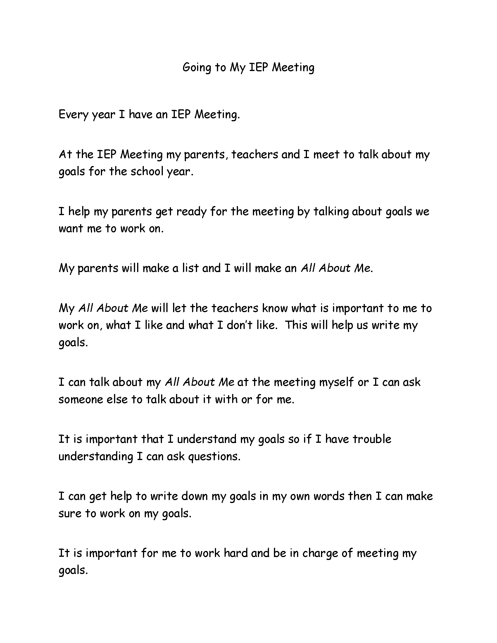 Document featuring a social narrative titled "Going to my IEP Meeting. The first few sentences read: Every year I have an IEP Meeting. At the IEP Meeting my parents, teachers and I meet to talk about my goals for the school year. I help my parents get ready for the meeting by talking about goals we want me to work on.
