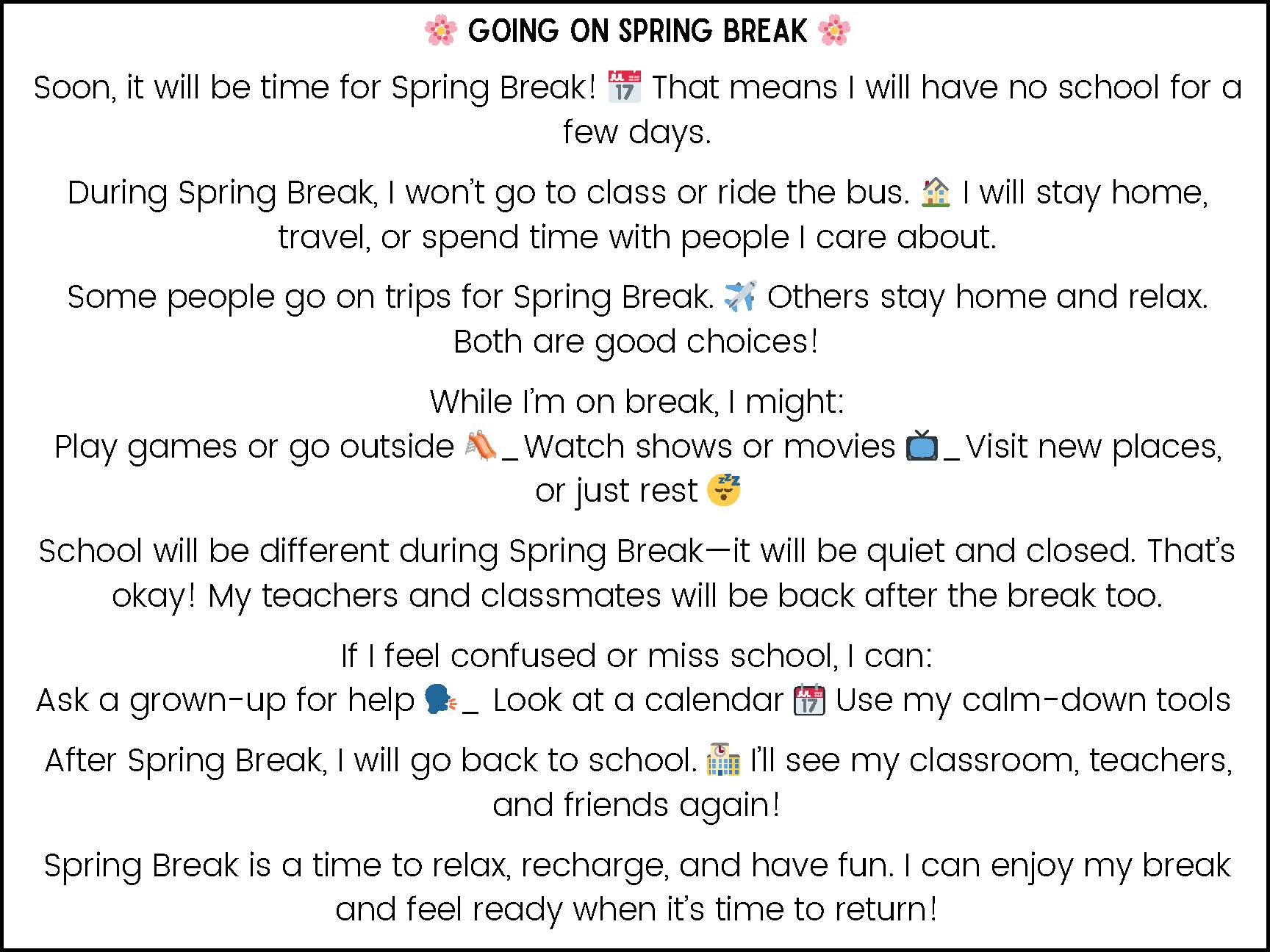 Spring Break Social Narrative