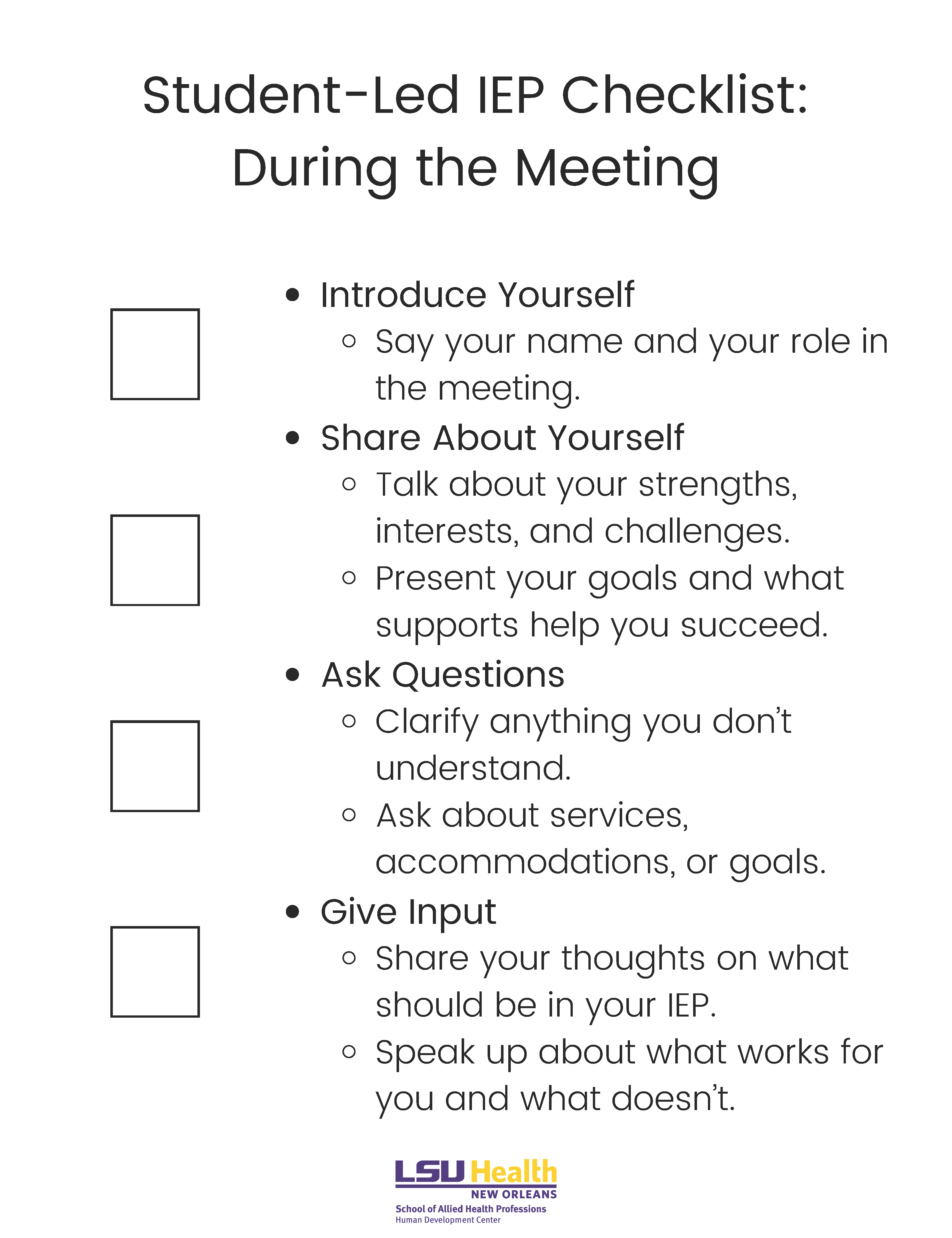 Document titled "Student-Led IEP Checklist: During the Meeting"