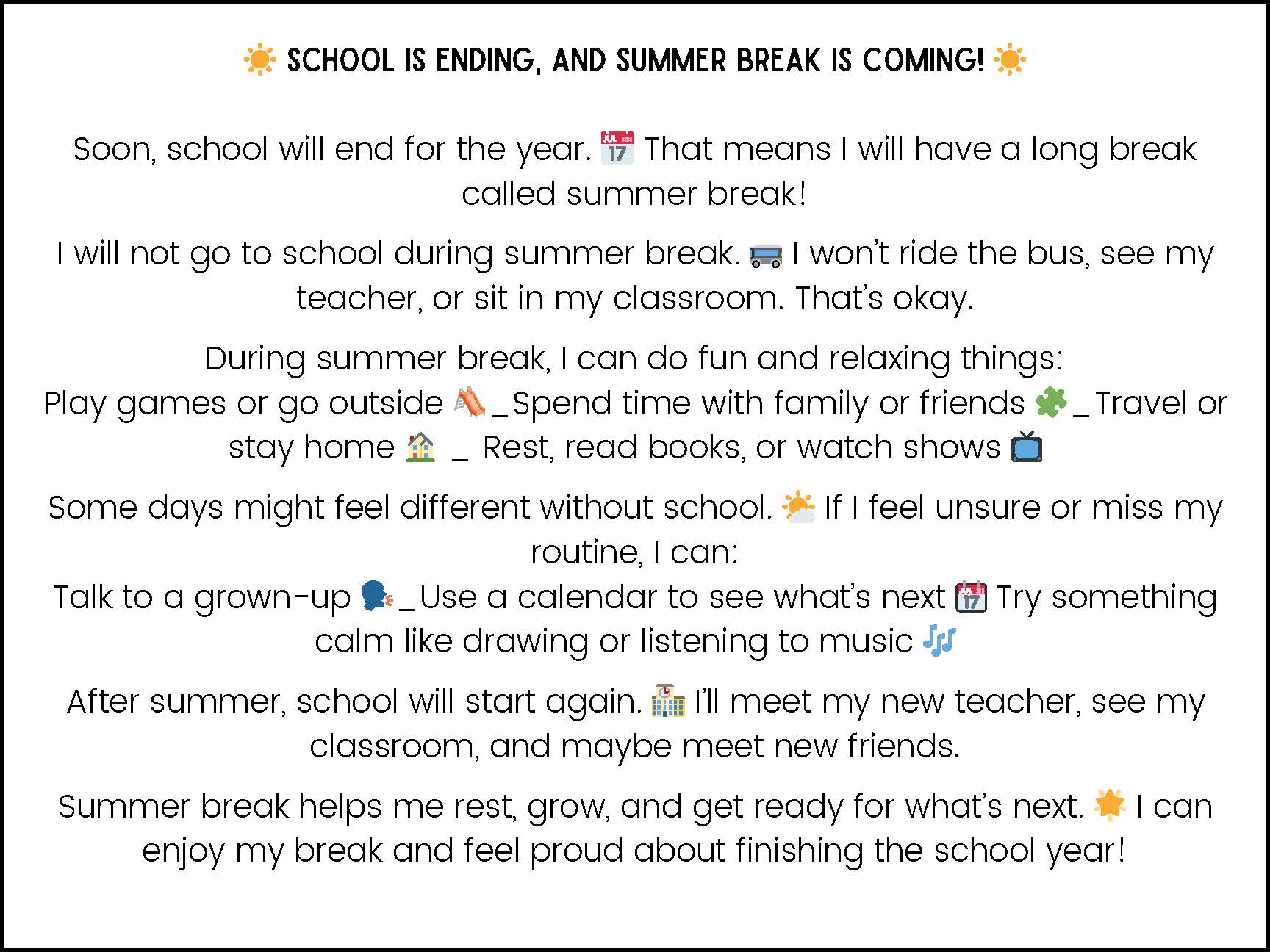 Summer Break Social Narrative
