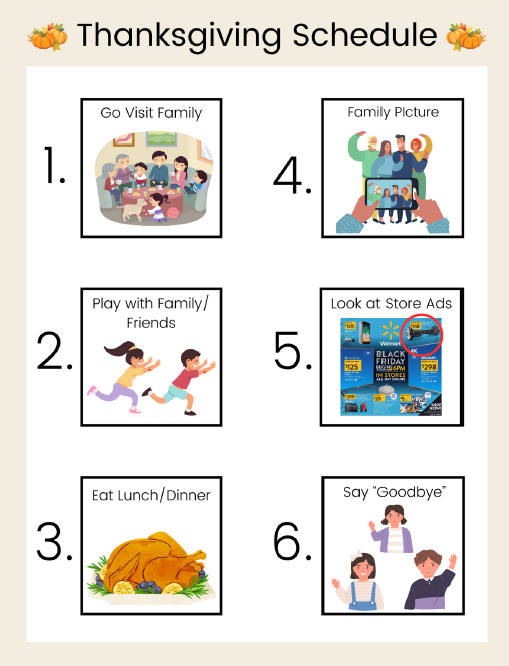 Visual schedule titled "Thanksgiving Schedule" with 6 numbered blocks that contain various thanksgiving activities like "Go Visit Family" or "Family Picture"