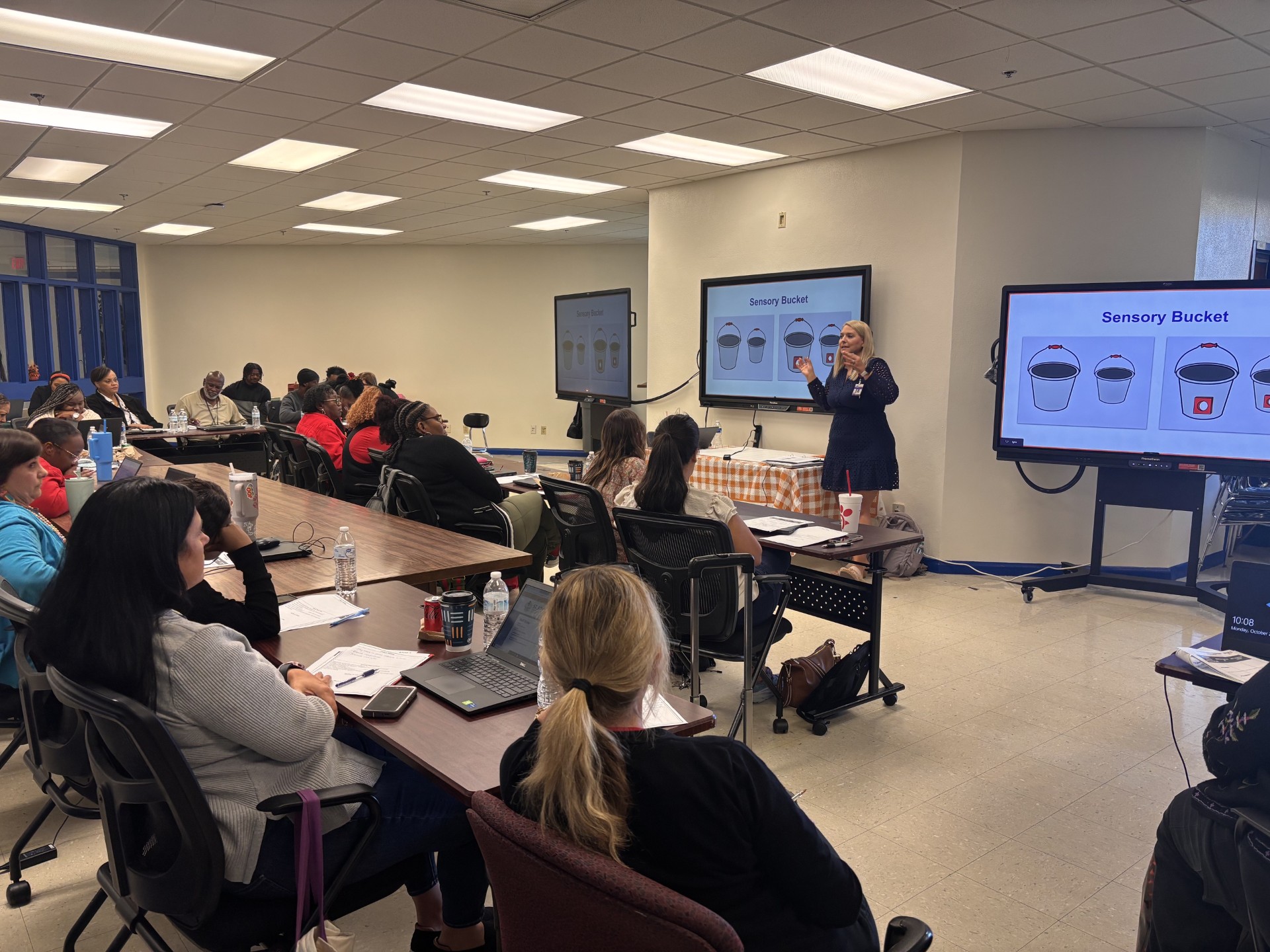 LASARD faciliatator presenting to a group of teachers with an illustration of a sensory bucket displayed on the screen.