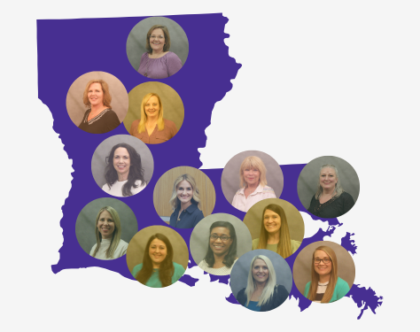 Purple shape of Louisiana with LASARD facilitators pictured across the state.