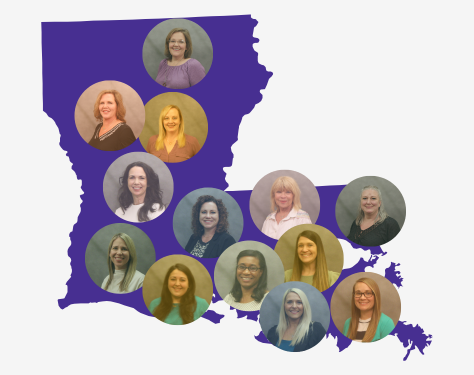 Purple shape of Louisiana with LASARD facilitators pictured across the state.