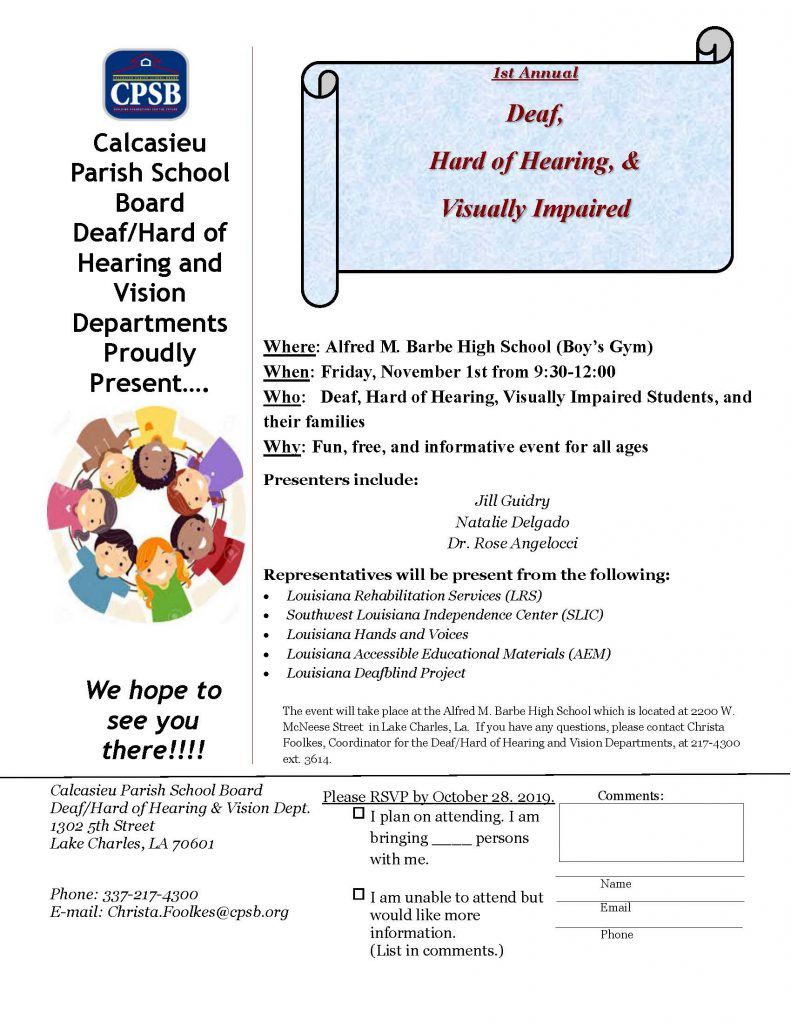 Calcasieu Parish School Board Deaf, Hard of Hearing, and Visually Impaired Expo Flyer