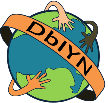 DbIYN logo: illustration of multiracial hands reaching over earth.
