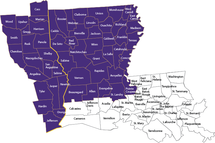 Map of 21 Texas counties and 33 Louisiana parishes served by WSC WIPA.