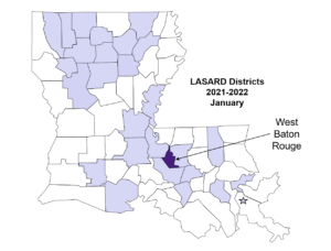 Louisiana state map with the parishes LASARD services colored in a light purple. The dark purple parish is West Baton Rouge.