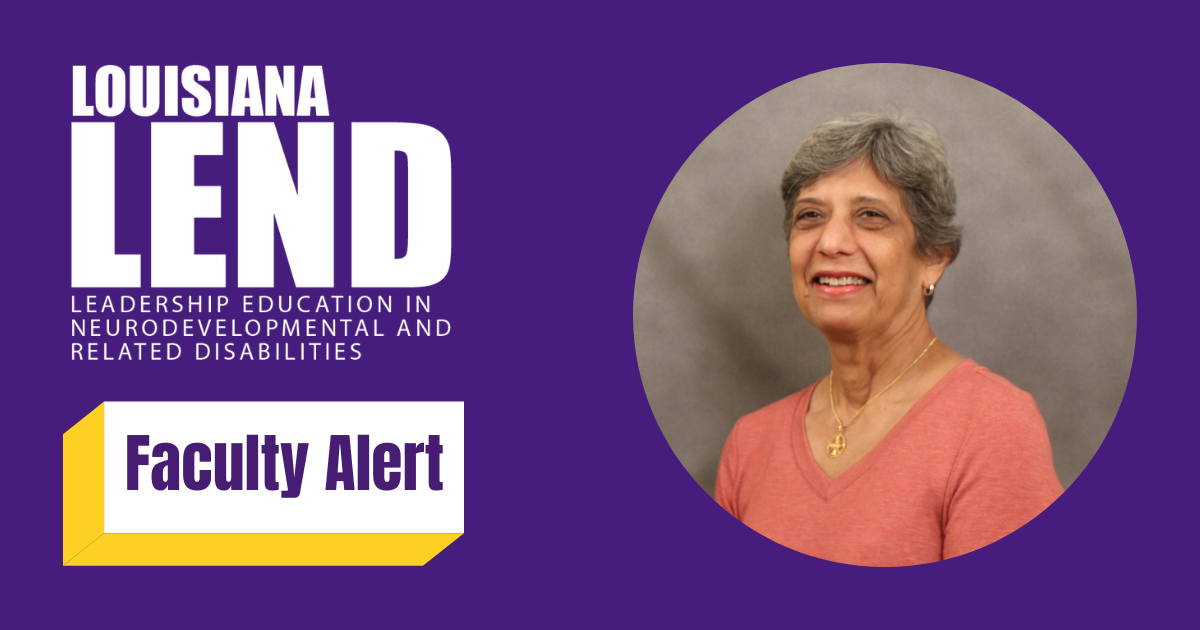 Louisiana LEND Faculty Alert with circle: Indian woman in red shirt with gray hair