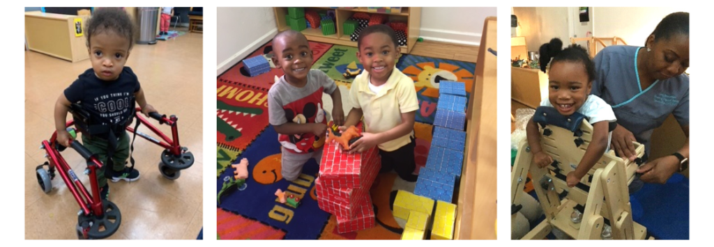 Toddler with cerebal palsy uses walker. Two pre school aged boys play with blocks in classroom. Young girl smiles as her physical therapist straps her into a stander.