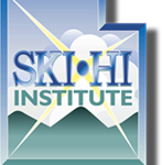 SKI HI Institute logo in the shape of the state of Utah. Green mountains appear at the bottom of the logo with a bright blue sky and clouds above. "SKI HI Institute" appears in the center.