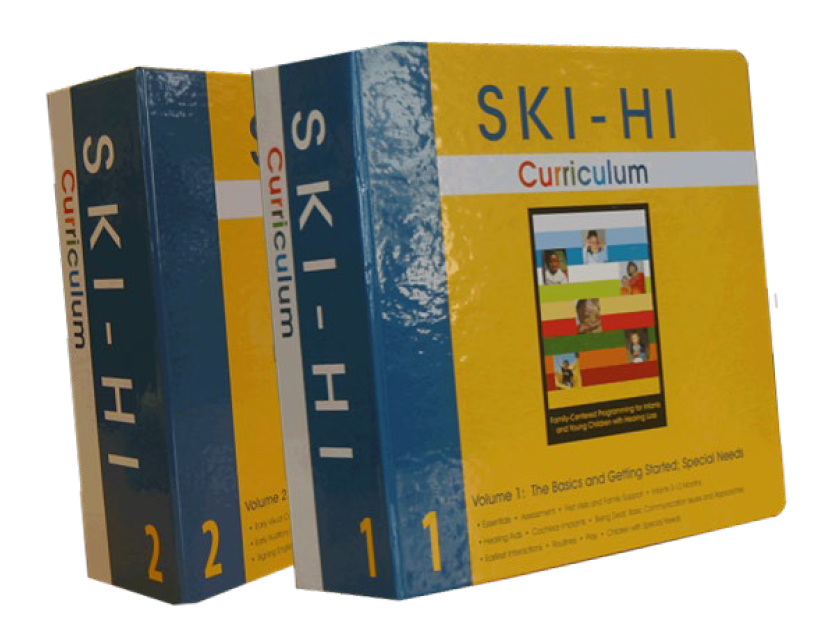 Two large yellow books with "SKI HI Curriculum" and images of young children on the cover.